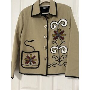Indigo Moon Boho Embroidered Blazer Jacket Beige Cotton Leopard Print Buttons Sm